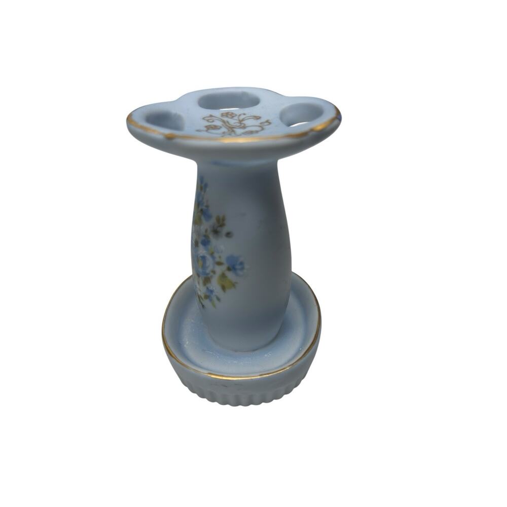 Vintage Porcelain Toothbrush Holder Blue Floral Gold Trim Cottagecore Bath - Picture 4 of 5